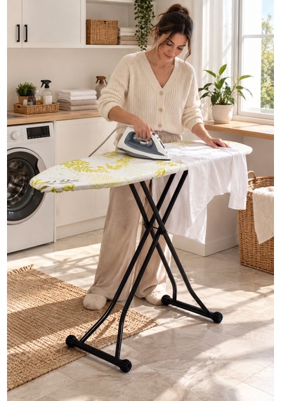 Porsima 10089 Katlanabilir Ütü Masası 33x110 Cm - Kapı Arkası Askı Aparatlı, Yükseklik Ayarlı, Buhar Geçirgen Perfore Tablalı Ütü Masası Beyaz / Sarı