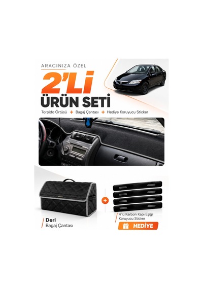 Honda Cıty 2002-2007 Uyumlu Torpido Örtüsü + Deri Bagaj Çantası + Sticker Seti - Siyah Gri