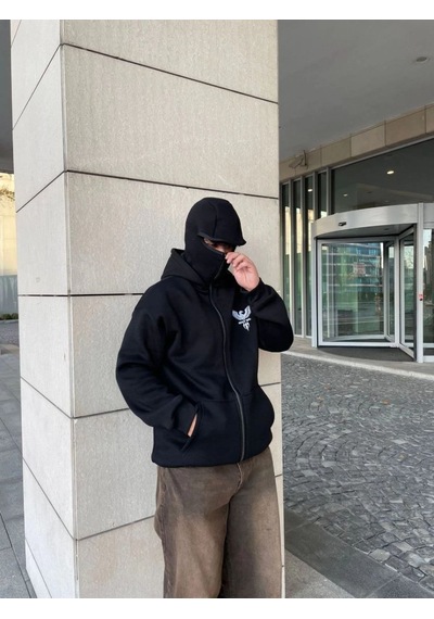 Mbb E-ticaret Erkek 3 İplik Samuray Kapüşonlu Zıp Fermuarlı Sweatshirt Hoodie - Siyah