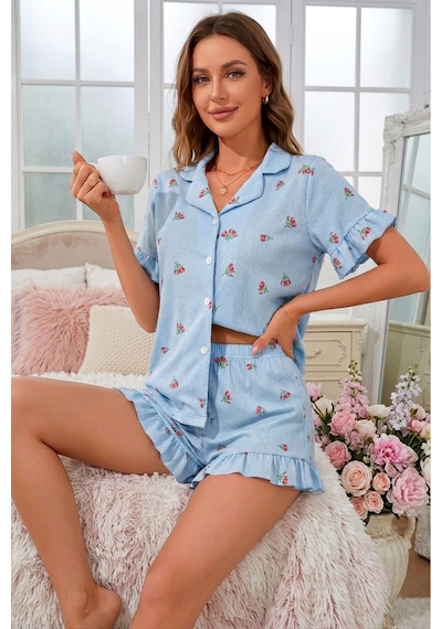 Bella Notte Mavi Lale Desenli Kısa Kollu Düğmeli Şortlu Pijama Takımı Lacivert