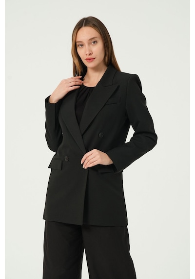 Siyah Regular Astarlı Kruvaze Kapama Dokuma Blazer Ceket 001