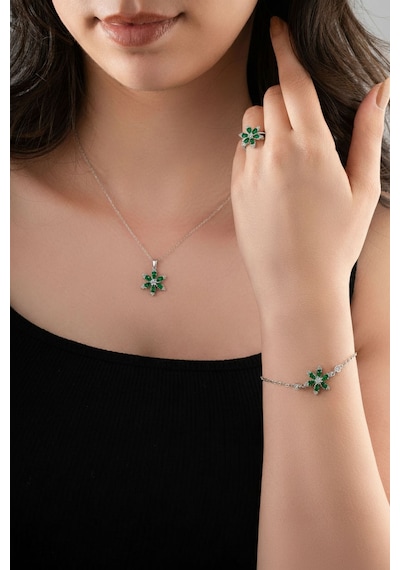 925 Ayar Zümrüt Taşlı Rodyum Lotus Çiçeği 3'lü Gümüş Set Gümüş
