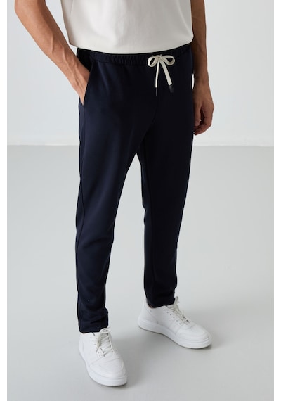 Tommy Life Ekru - Lacivert Pamuklu Kalın Yumuşak Dokulu Oversize Fit Basic Erkek Eşofman Takım - 85251 Ekru