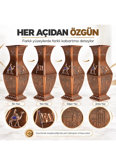 Türkiye Temalı Alaşım Metal Vazo 18 Cm Bronz Bakır Renk Kabartma Desenli Dekoratif Hediyelik Biblo