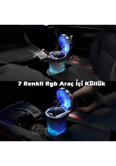 Araç Içi Küllük Led Işıklı 7 Renkli Rgb Lüx Tip Kapaklı Araba Küllüğü