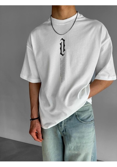 Dik Yazı Baskılı Oversize Tişört BEYAZ
