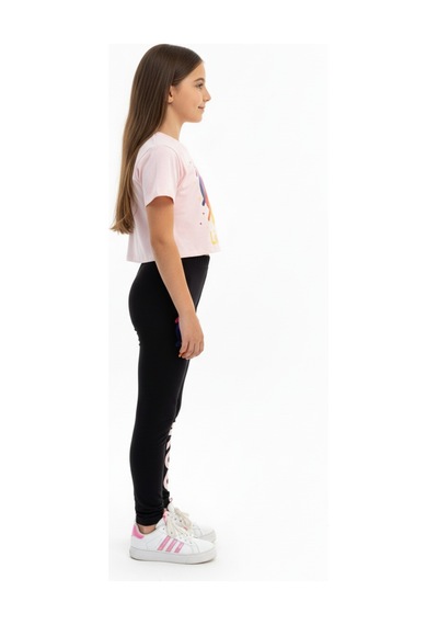 Toontoy Kids Toontoy Kız Çocuk Bisiklet Yaka Kısa Kollu Baskılı Crop Tişört - Beli Lastikli Basklı Tayt 11050 Pudra