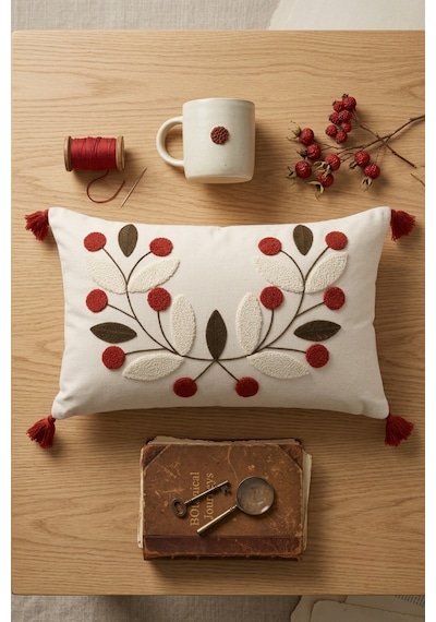 Tomurcuk Botanik Dal Ve Yaprak Motifli Punch Nakışlı Püsküllü Pamuk Kırlent Kılıfı 35x55 Cm Kiremit
