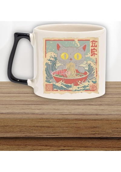 Ramen İlüstrasyon Sevimli Kedi Baskılı Japon Anime Doğum Günü Hediye Siyah Kulplu Kupa Bardak, Tek Renk