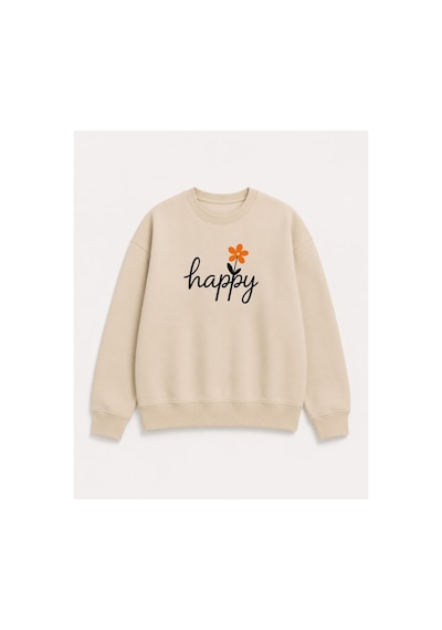 Herkesemoda Happy Baskı Detaylı Şardonlu 2 İplik Bisiklet Yaka Sweatshirt Bej