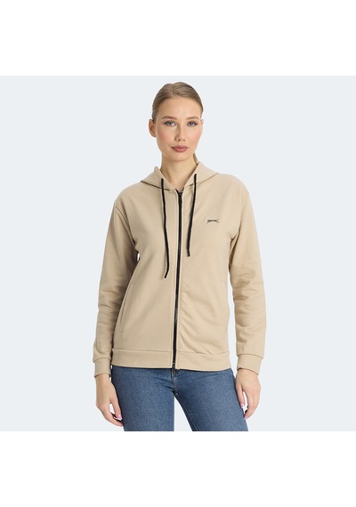 Slazenger KINET Kadın Fermuarlı Kapüşonlu Cepli Bej Sweatshirt