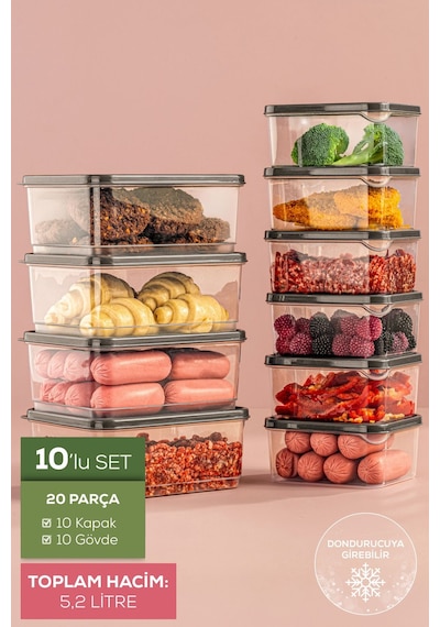 Vienev 10'lu Buzdolabı Düzenleyici Organizer Mikrodalgaya Uygun Difriz Saklama Kabı Gri Gri