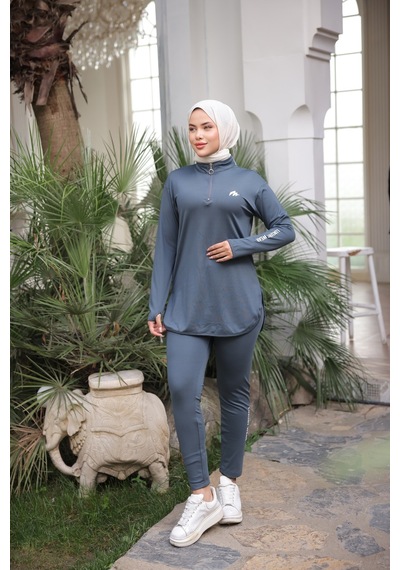 Mimi Luxury Wear Gri Kadın Fermuarlı Dalgıç Kumaş Standart Kalıp Jogger Eşofman Takımı 358