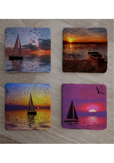 Gün Batımında Yelkenliler Doğal Taş Bardak Altlığı 4'lü Set - Natural Stone Coasters - Taş Çok Renkli