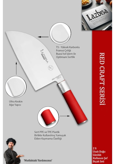 Lazbisa MFT-005 Red Craft Serisi Mutfak Şef Bıçak Seti Et Ekmek Sebze Bıçağı Günlük Kullanım Kırmızı