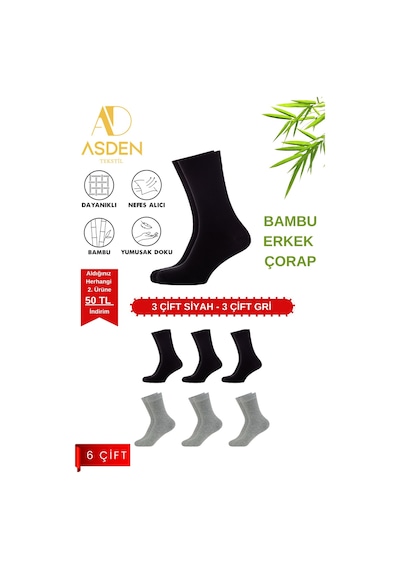 Asden Bambu Erkek Beyaz Soket Çorap 12'li Paket, Burun Dikişsiz, Yıkamalı 3 Siyah 3 Gri