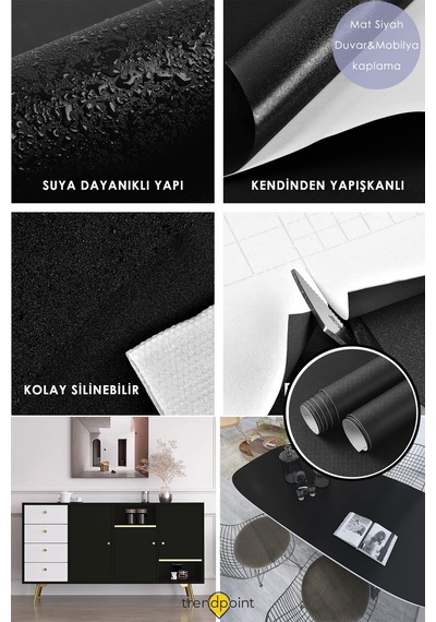 Trendpoint Kendinden Yapışkanlı 60cm 500cm Mat Siyah Duvar Kağıdı Mutfak Tezgah Dolap Masa Kaplama