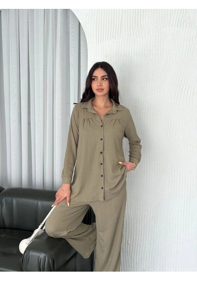Freedom Storee Kadın Yakalı Düğmeli Uzun Kollu Gömlek Pantolon İkili Takım - Bej Çok Renkli