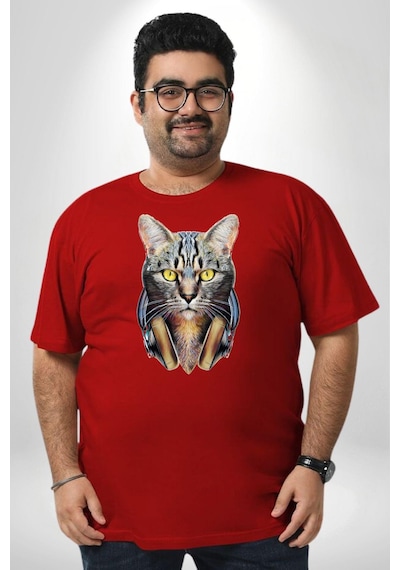 Angemiel Kulaklık Kedi Kırmızı Büyük Beden Erkek Kadın Unisex Basic Ön Baskılı Tişört Kırmızı