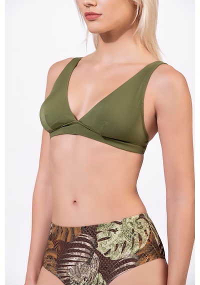 Endeep Kadın Desenli Özel Lurex Kumaş Yüksek Bel Toparlayıcı Bikini Takımı Yeşil