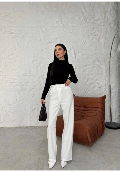 Satenmoda E&b Design Kadın Yüksek Bel Cırt Detay Palazzo Pantolon Beyaz