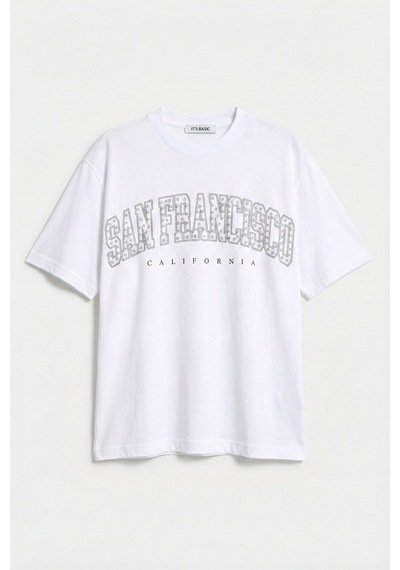 Itsbasic Kadın Beyaz S6-2 Oversize Özel Parlak Taşlı Sloganlı Bol Kesim T-shirt