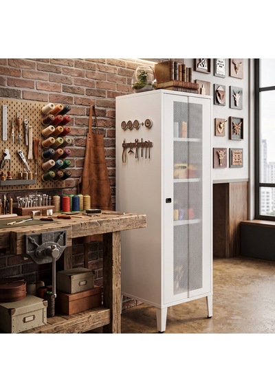 Alfahome Ziglat Serisi Kilitli Metal Home Office Dolabı %70 Perfore Kapaklı Beyaz 450x1390x450 Mm