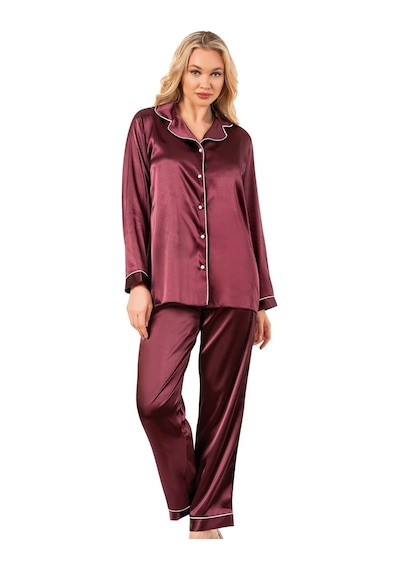 Ahu Biyeli Uzun Kol Saten Önden Düğmeli Pijama Takımı Mürdüm 7647 MÜRDÜM