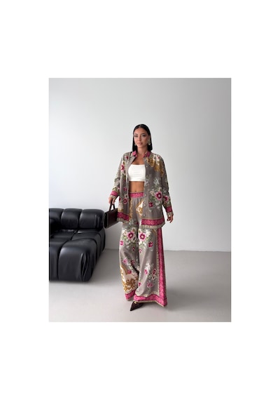 Wellway İthal Chokellaa Kumaş Çiçekli Tunik Gömlek & Pantolon 2li Takım-sarı -26123 Pembe