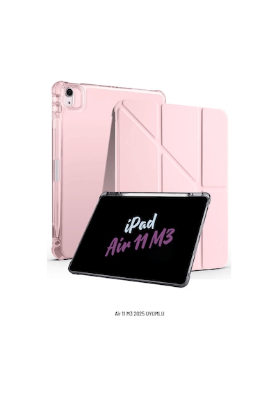 Apple Uyumlu iPad Air 11 İnç 2025 M3 Çip Kalem Bölmeli Standlı Tri Folding Fuchsia Tablet Kılıfı Kapaklı Kılıf
