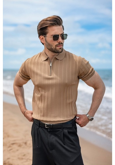Madmext Camel Yarım Fermuarlı Polo Yaka Erkek Triko Tişört E7458