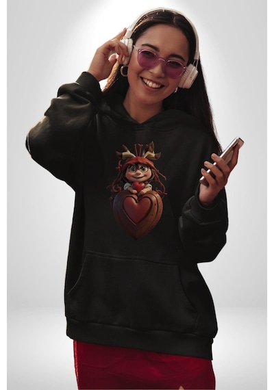 Çikolata Kız Kalbi Kadın Erkek Siyah Kapüşonlu Sweatshirt Hoodie Siyah