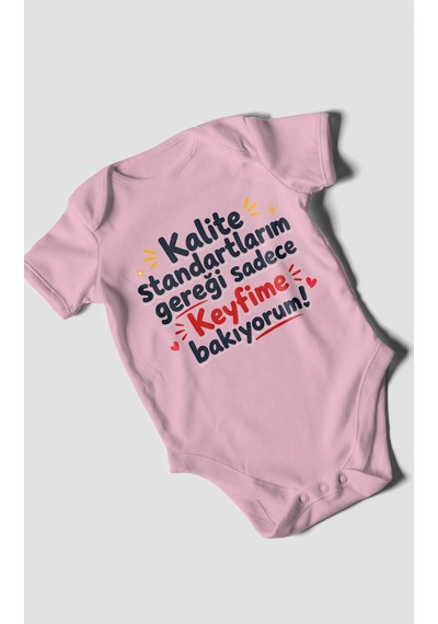 Morivokids Kalite Standartlarım Mesajlı Kısa Kollu Bebek Body %100 Pamuk Koyu Pembe