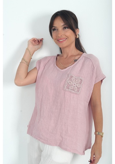 By Saygı Kadın İtalyan Cotton V Yaka Örgü Dantel Tek Cepli Oversize Keten Bluz Pudra