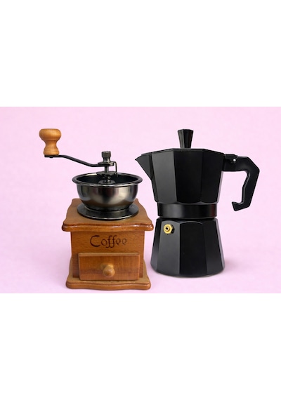 Kahve Değirmenive Moka Pot 9 Luk 2 Li Set Siyah
