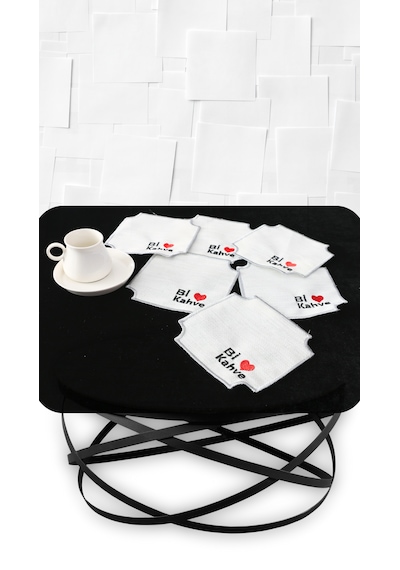 6'lı Gümüş Bi Kahve Desenli Linen Keten Kahve Yanı Sunum Peçetesi