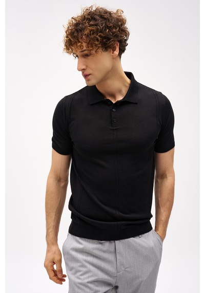 İgs Siyah Slim Fit Dar Kalıp Polo Yaka Düz Kısa Kollu Triko Tişört-16327