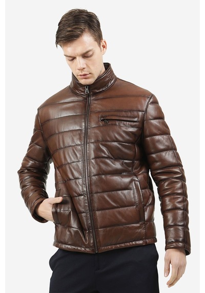 Dericlub E924 Şişme Gerçek Deri Erkek Mont Camel Antik Camel