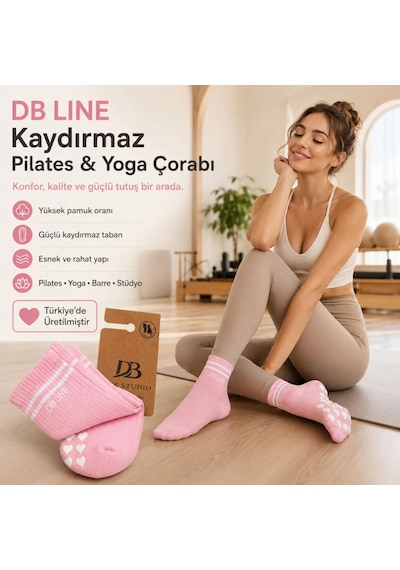 Elitse Db Lıne Kaydırmaz Pilates Yoga Çorabı Pamuklu Silikon Tabanlı Barre Stüdyo Spor Çorabı Krem