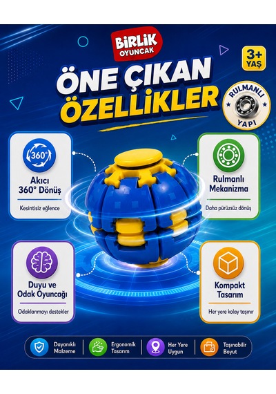 Stres Topu Press & Spin Basınca Dönen Fidget Spinner Oyuncak 3+ Yaş Mavi