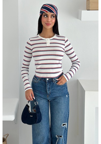 Noa & Noa Kadın Çizgili Düğme Detaylı Bluz Retro Stripe Beyaz