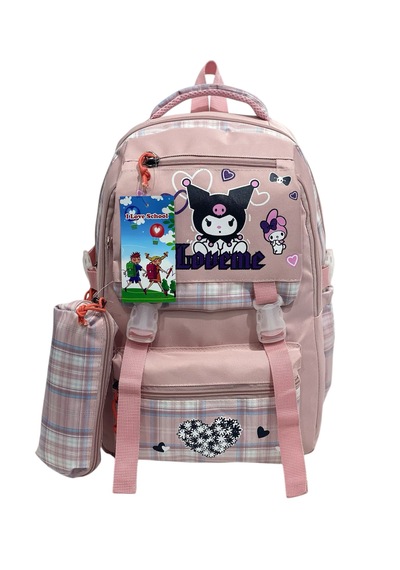 Kuromi Desenli Ekoseli Okul Çantası Folyolu Beslenme Ve Kalemlik Pembe