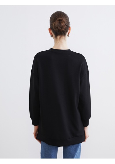 Lcw Modest Siyah Bisiklet Yaka Taşlı Kadın Sweatshirt Tunik