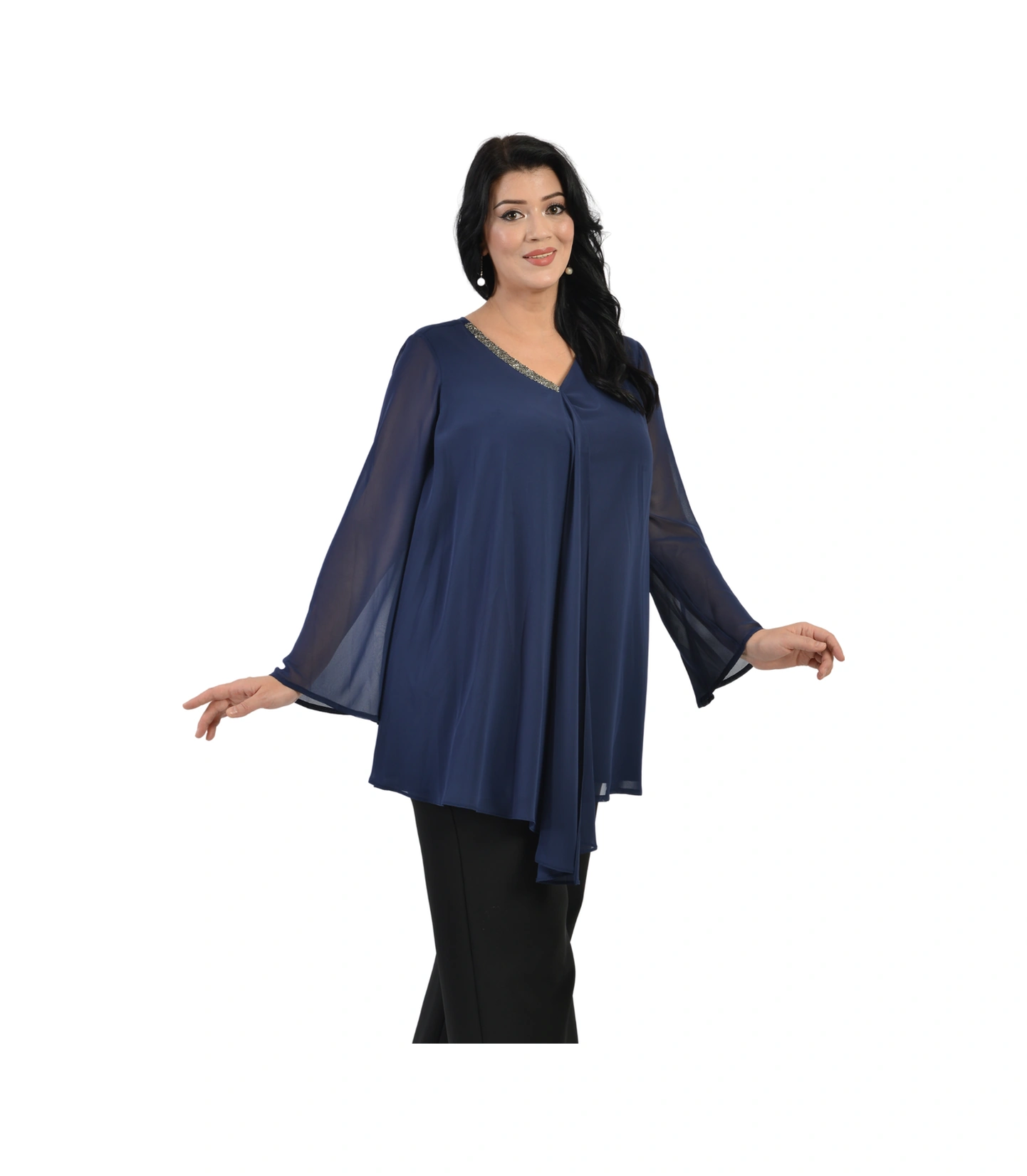 Lilas Xxl Büyük Beden Lacivert Renkli Şifon Abiye Bluz Lacivert