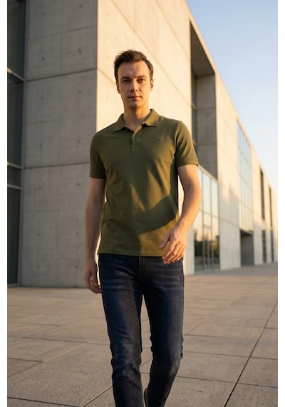 Süvari Slim Fit Düz Baskısız Pike Düğmeli Polo Yaka Nefes Alabilen T-shirt Haki