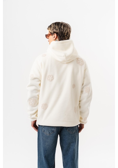 Respire Erkek Süzene Nakış Detaylı Kapüşonlu Oversize Polar Hoodie Ekru