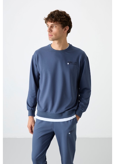 Tommy Life Petrol Casual O Yaka Lastik Paça Pamuklu Erkek Oversize Eşofman Takımı - 85120 Petrol