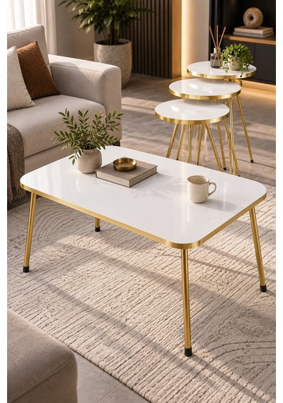 Sulorahome Gold Metal Ayaklı Beyaz 4'lü Sehpa Seti Beyaz - Altın