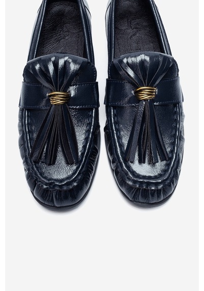 Luvi Shoes Marston Lacivert Kırışık Rugan Püsküllü Kadın Loafer Ayakkabı
