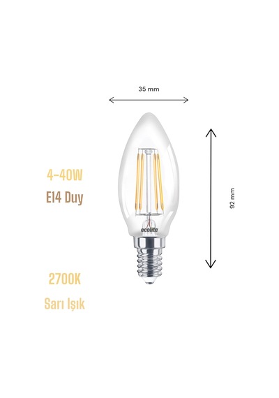 Ecolite 4w Led Mum Ampul, E14 Duy, 2700k Sarı Işık, 470 Lümen, Şeffaf Cam, Akkor Görünümlü Dekoratif Lamba, 3'lü Paket Sku: Smg8690010159359 Açık Kahverengi